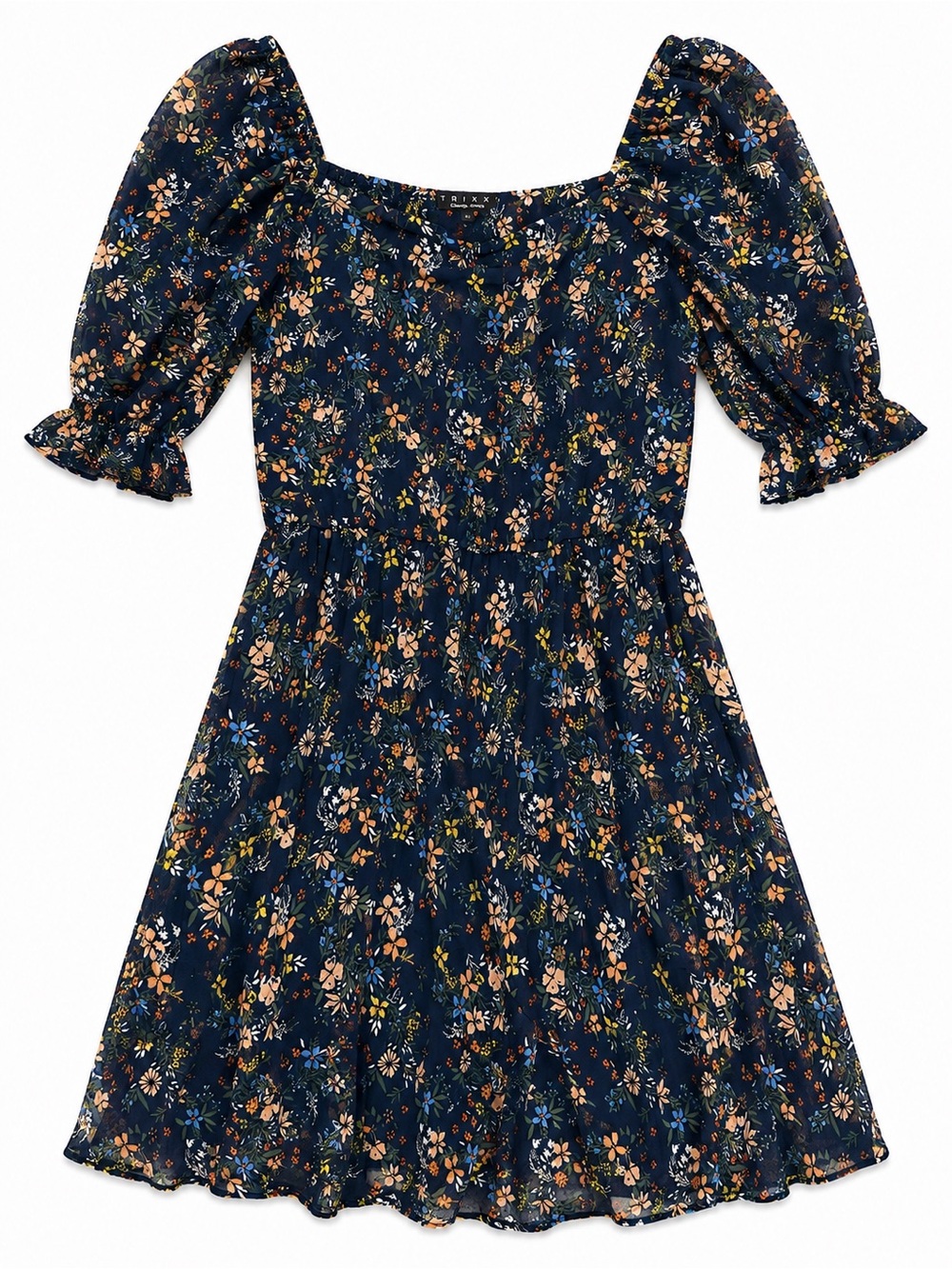 Trixxi Navy Floral Puff-Sleeve Dress with Peach & Blue Blooms